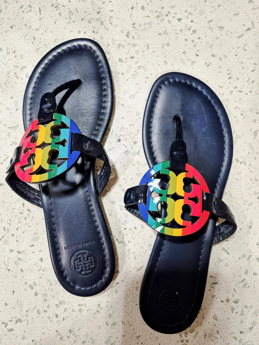 Tory Burch Womens Black Sandals with Rainbow Logo Size 8